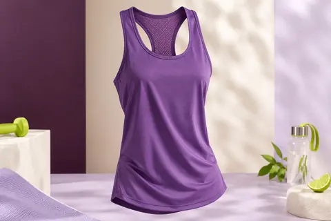 Débardeur de sport violet en polyester, sans manches, avec coupe arquée et dos en maille aérée