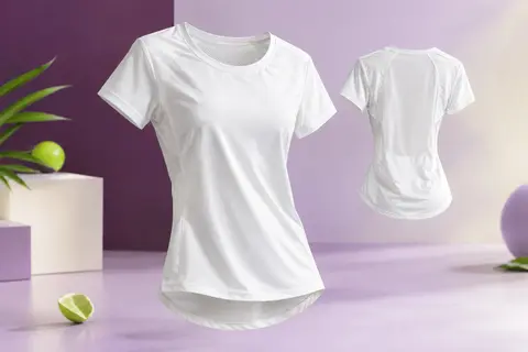 Tee-shirt de sport blanc à manches courtes, col rond et dos en maille filet sur fond lilas