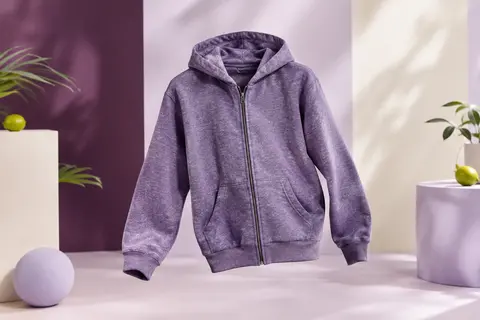 Sweat à capuche zippé en polaire violette chinée, présenté seul sur un fond de studio clair.