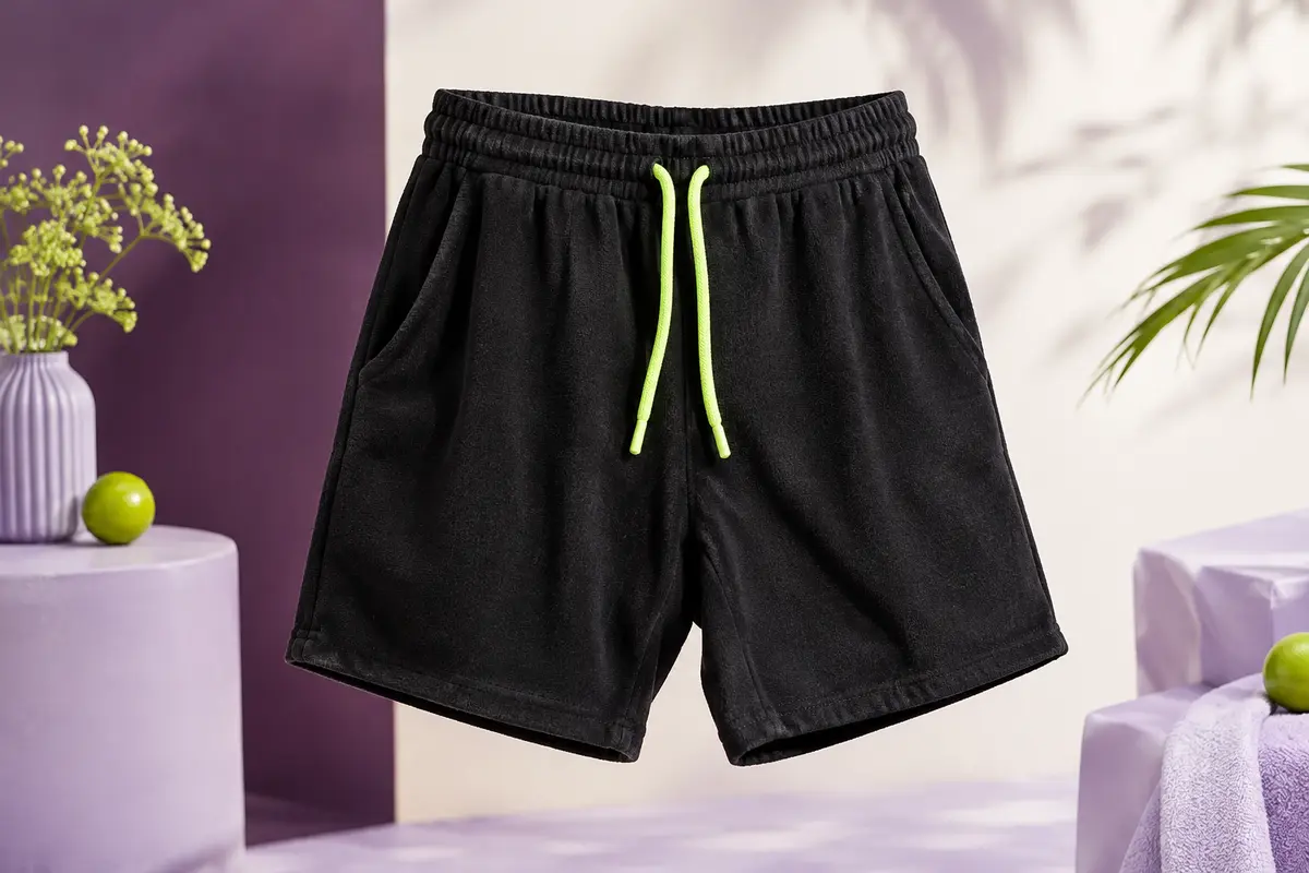 Short de sport noir en coton éponge, avec poches latérales, taille élastique et cordon de serrage.