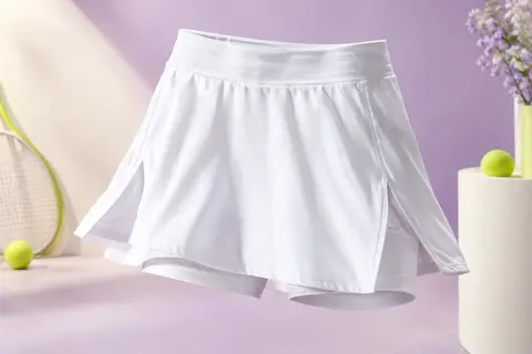 Jupe-short de tennis blanche avec taille haute élastique, fentes latérales et cuissard intégré, présentée en studio