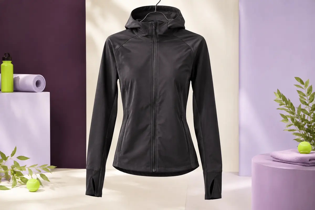 Veste de running noire à capuche, zippée, avec ouvertures pour les pouces, présentée sur fond de studio clair.
