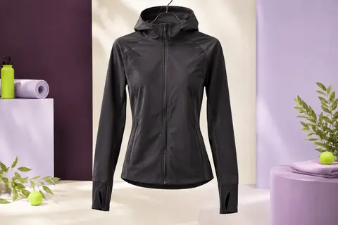 Veste de running noire à capuche, zippée, avec ouvertures pour les pouces, présentée sur fond de studio clair.