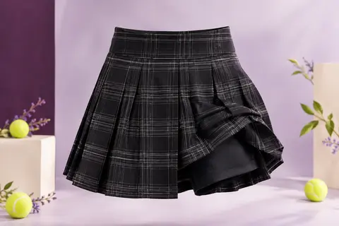 Jupe-short noire plissée à carreaux, taille haute, avec short intérieur et fermeture latérale dissimulée.