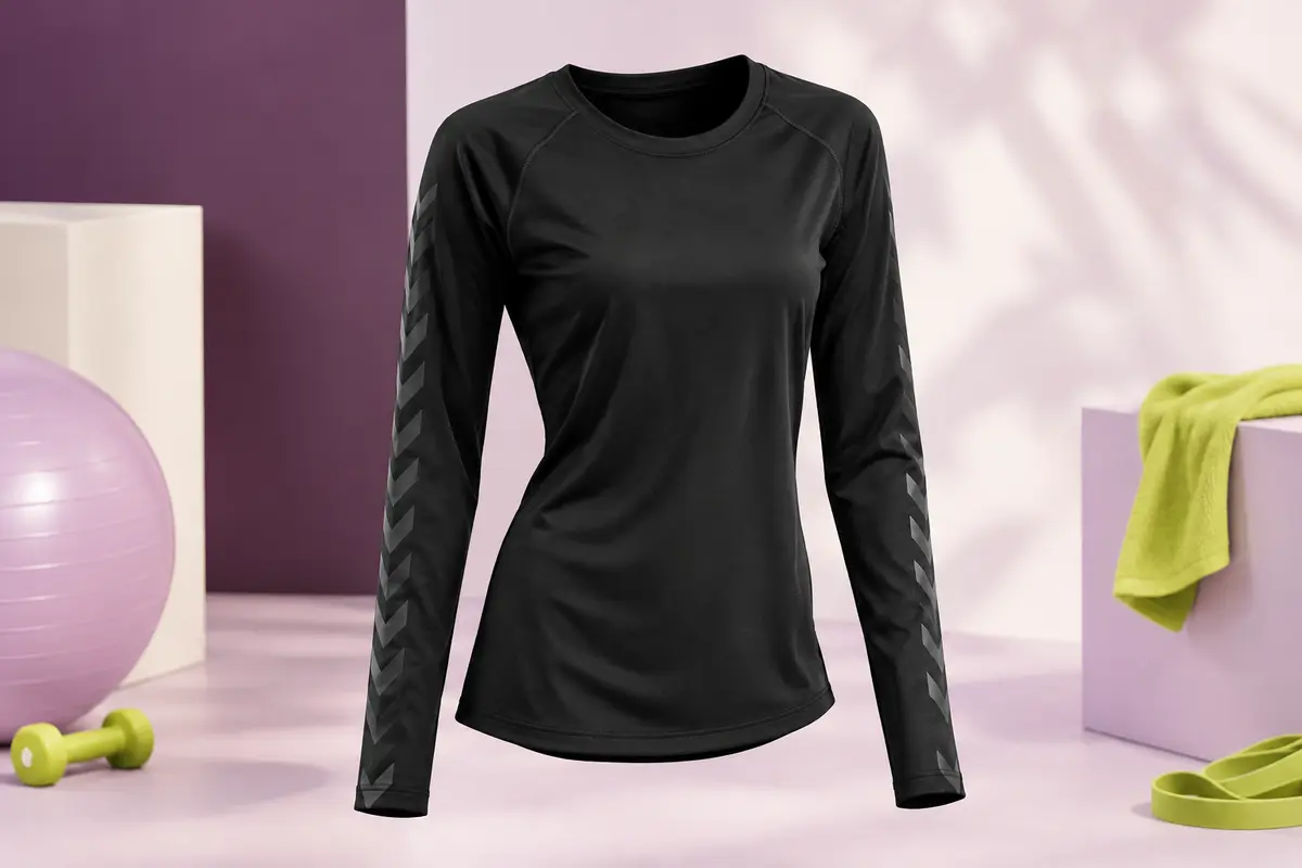 Maillot de sport noir à manches longues, coupe ajustée et chevrons sur les manches, présenté seul en studio.