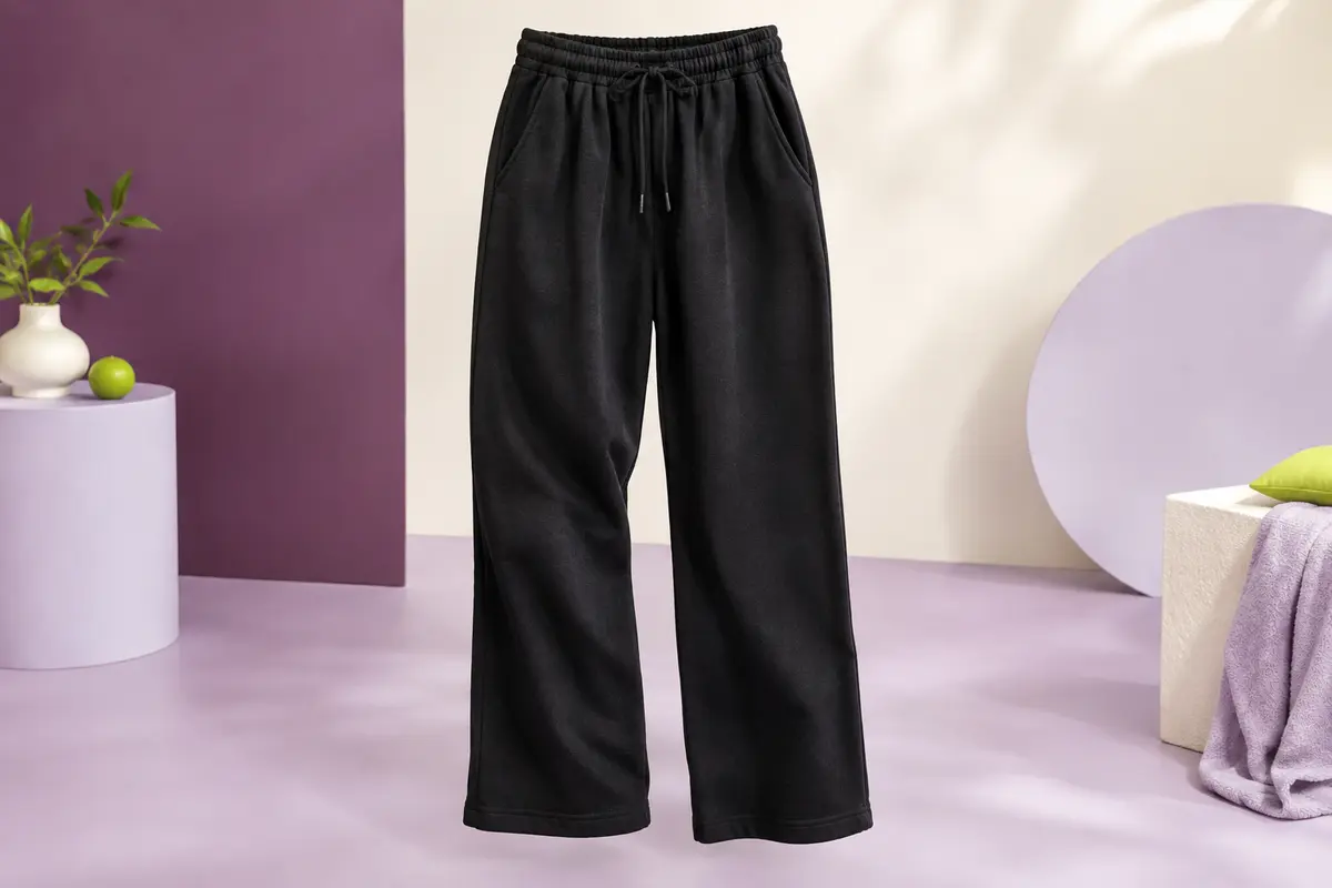 Pantalon de jogging noir à coupe ample, avec taille élastique réglable et poches latérales, présenté en studio.