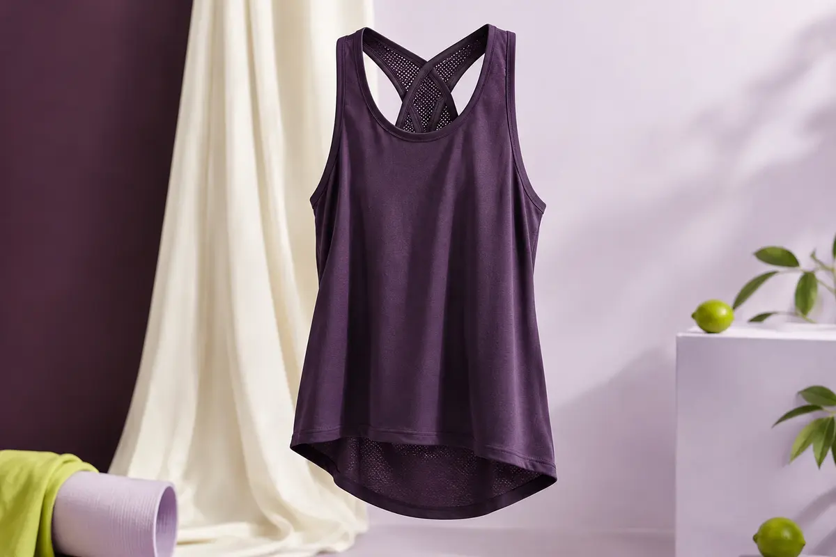 Débardeur de sport violet foncé à coupe ample, dos croisé en maille et ourlet arrière rallongé.