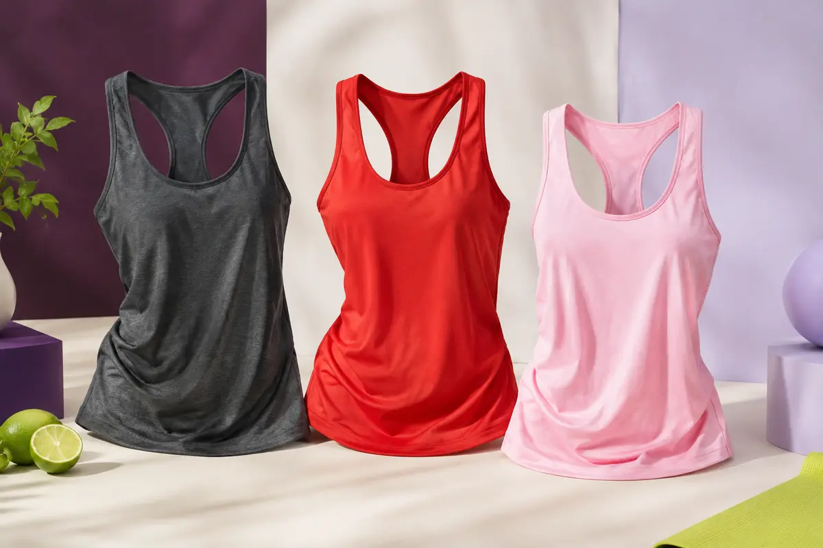Trois débardeurs de sport femme à dos nageur, en gris foncé, rouge et rose, présentés sur un fond de studio clair.