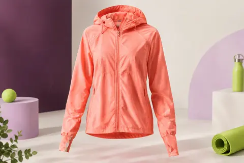 Veste de sport corail à capuche avec poches latérales et ouvertures pour les pouces, présentée seule en studio.