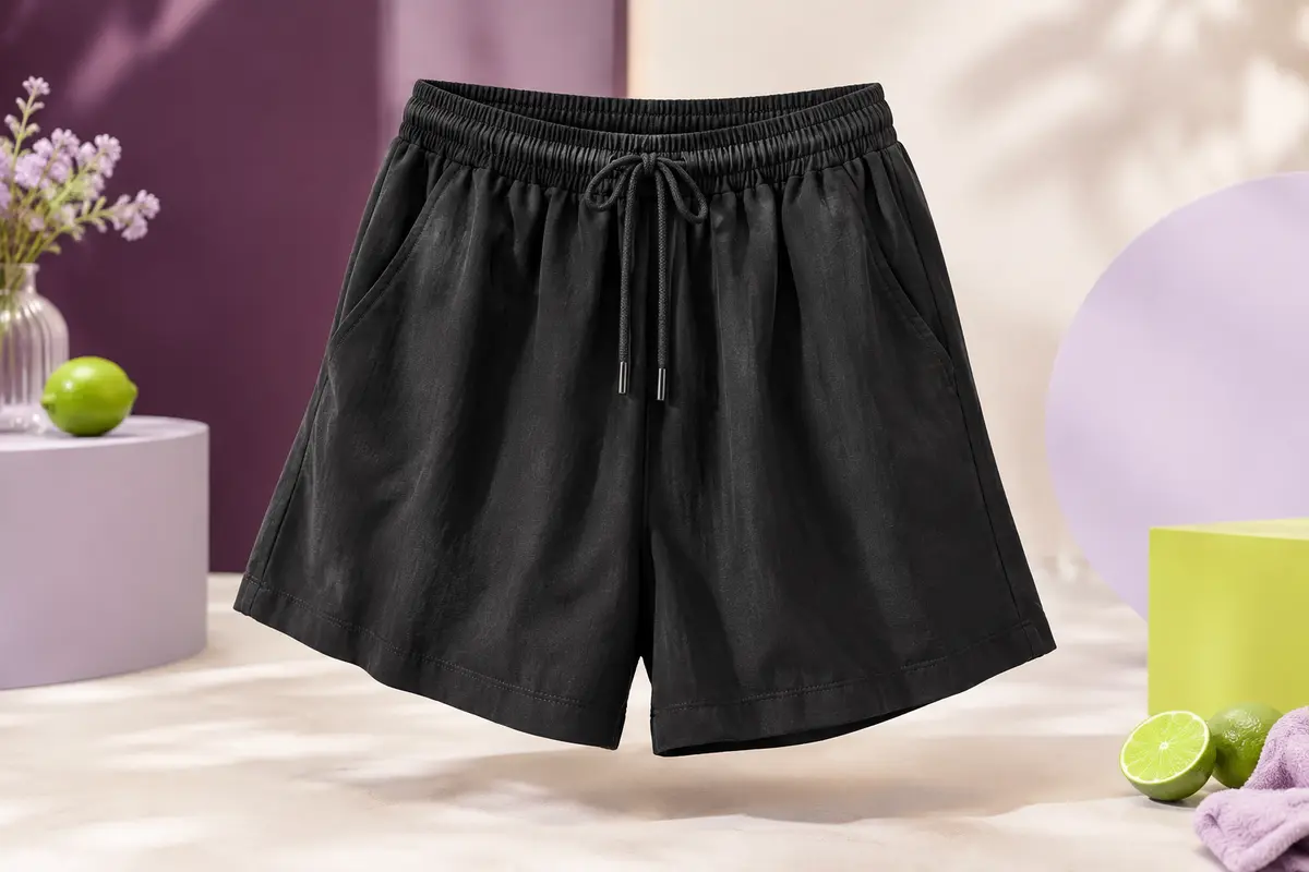 Short de sport noir à coupe ample, taille haute élastique, cordon de serrage et poches latérales.