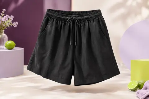 Short de sport noir à coupe ample, taille haute élastique, cordon de serrage et poches latérales.