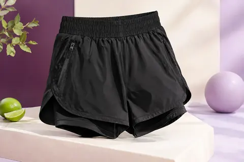 Short de sport noir à taille haute avec poches zippées, fentes latérales et doublure intérieure