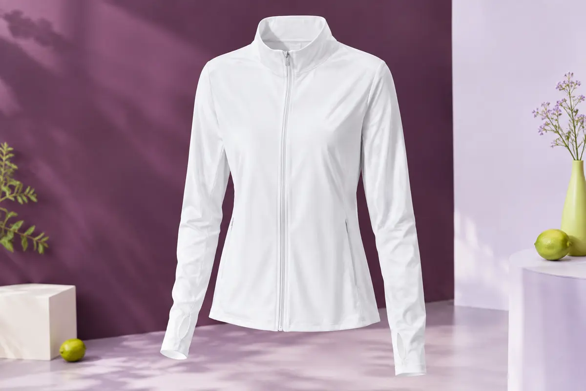 Veste solaire blanche à manches longues avec fermeture éclair, poches et passants pour les pouces.