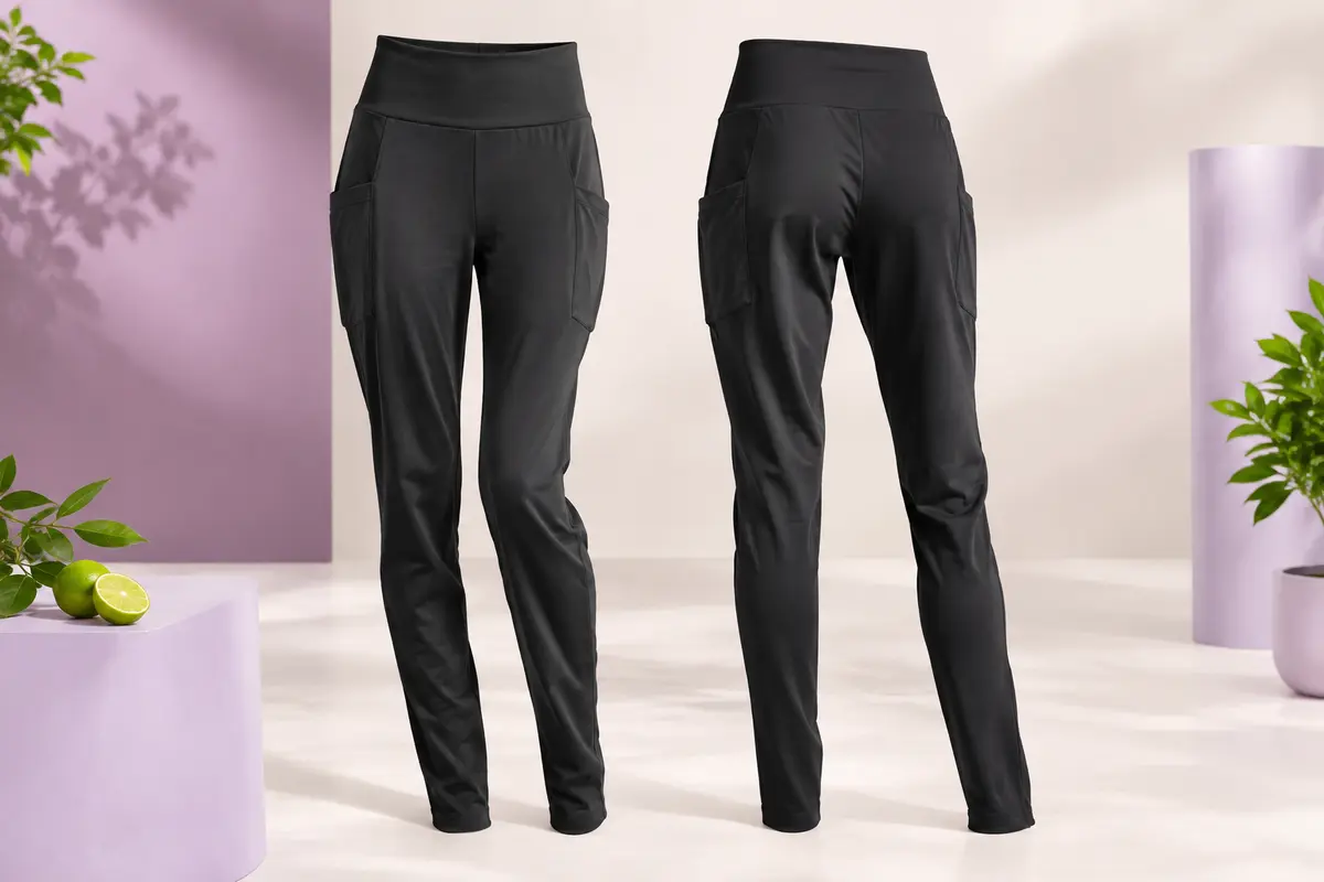 Deux leggings noirs taille haute à poches, posés seuls sur un fond de studio lilas et prune.