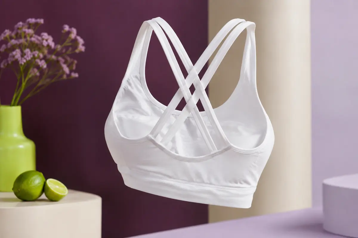 Brassière de sport blanche sans armature, avec dos croisé et coussinets amovibles.
