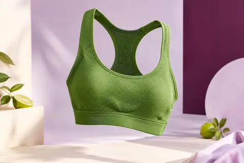 Brassière de sport verte sans armature à dos nageur, présentée sur un fond de studio prune et ivoire.