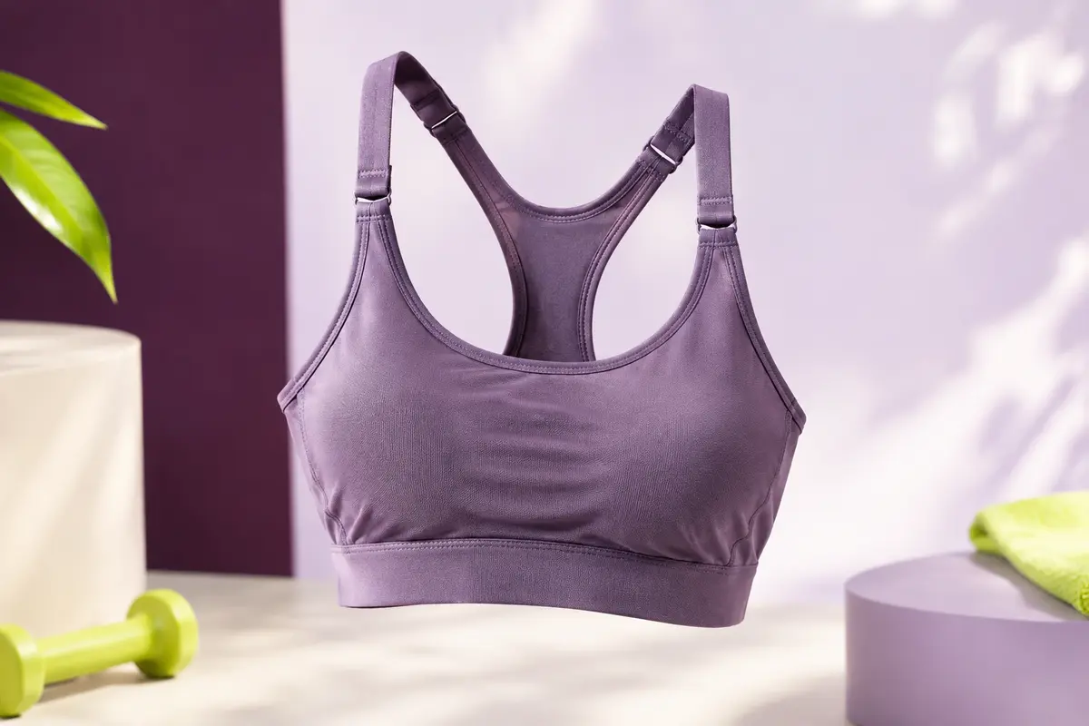 Brassière de sport unie à dos nageur et bretelles réglables présentée sur un fond de studio lumineux.