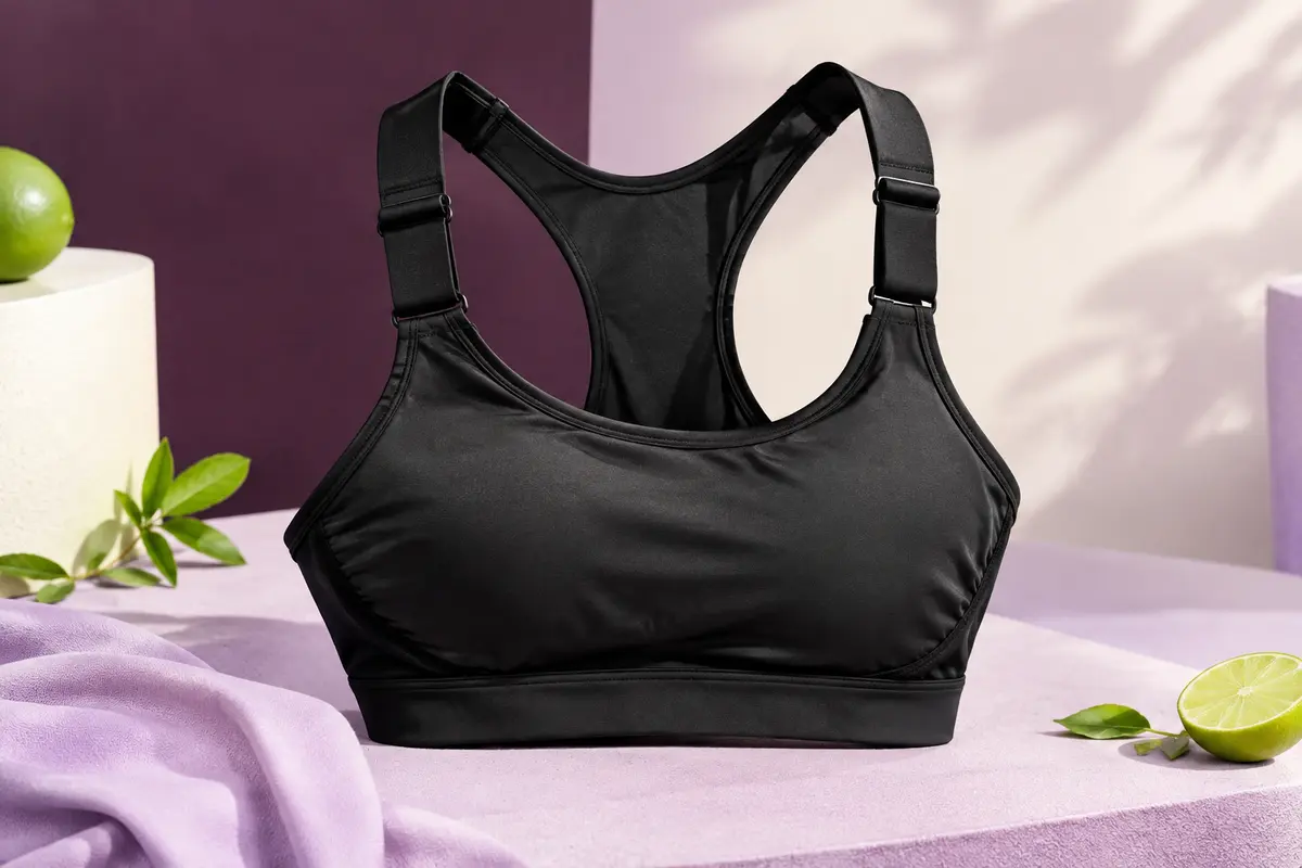 Brassière de sport noire à dos nageur, avec larges bretelles et coussinets amovibles, posée en studio.