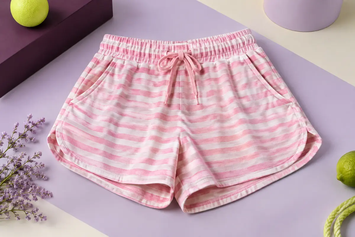 Short de sport rayé rose avec taille élastique, cordon de serrage et poches, présenté seul en studio.