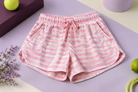 Short de sport rayé rose avec taille élastique, cordon de serrage et poches, présenté seul en studio.