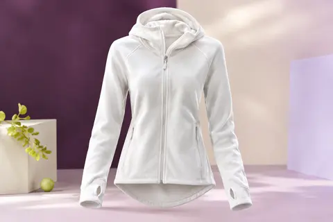 Veste polaire blanche à capuche avec fermeture zippée, poches extérieures et manches à passe-pouces