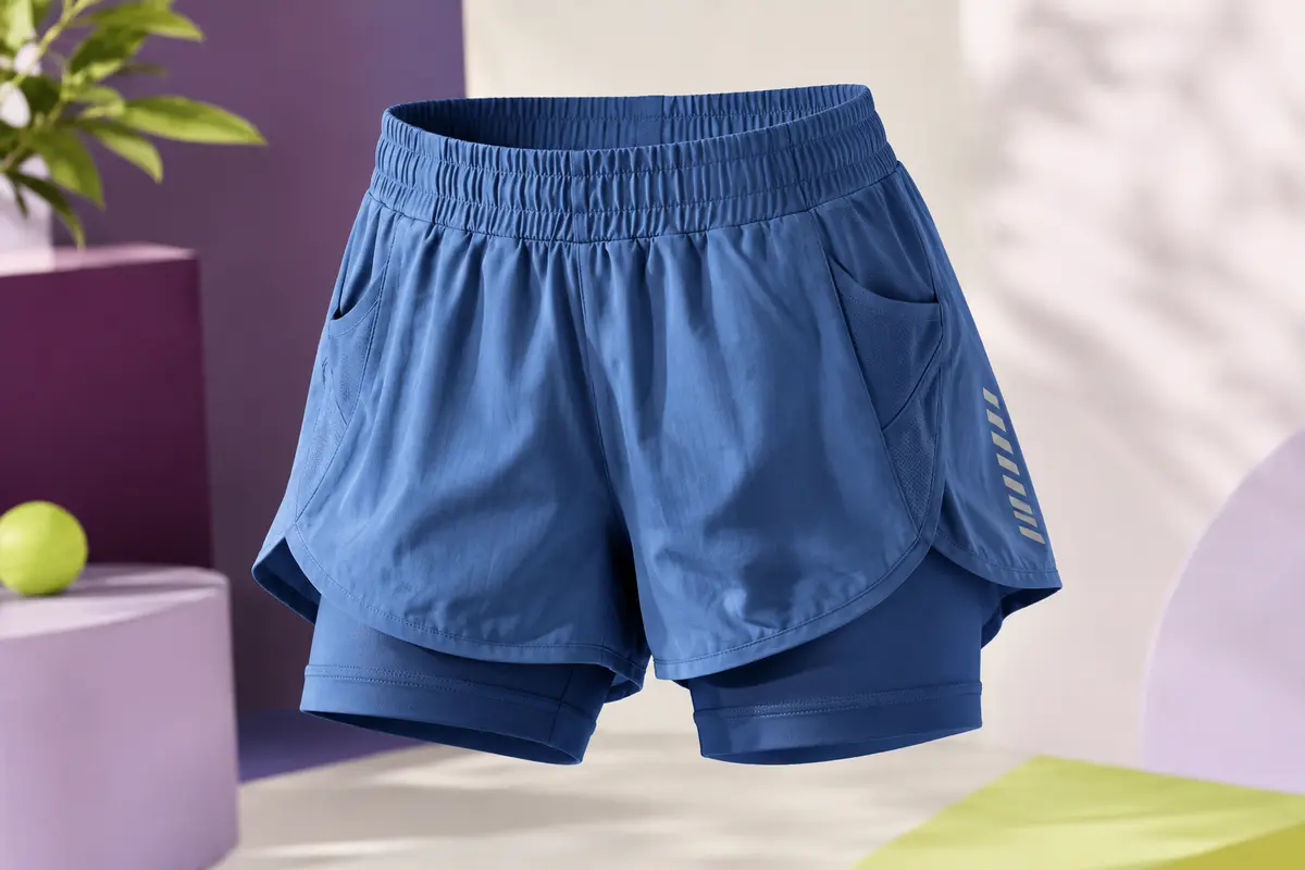 Short de course bleu 2-en-1 avec taille haute élastique, poches et motif réfléchissant au dos