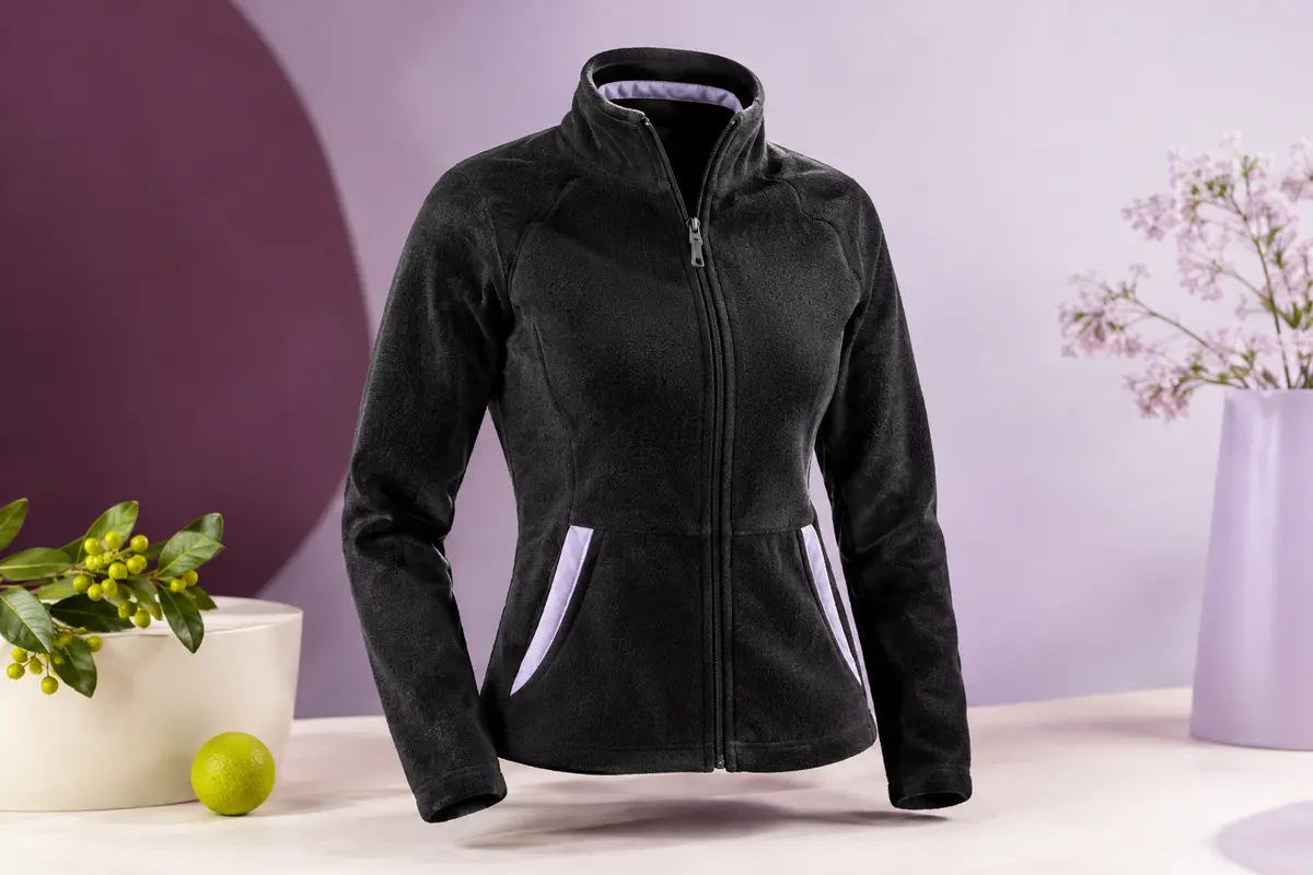 Veste polaire noire pour femme avec col montant et poches kangourou, présentée sur fond prune et ivoire.