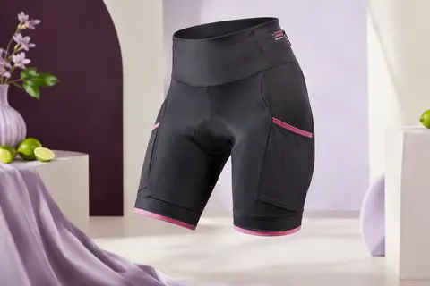Cuissard de cyclisme femme rembourré, taille haute, avec poches latérales et poche arrière zippée