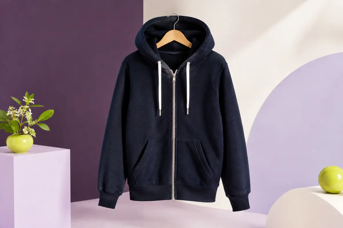 Sweat à capuche zippé en polaire bleu obsidian et blanc, suspendu sur un fond de studio lumineux.