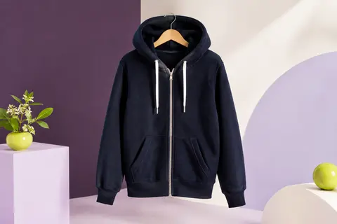 Sweat à capuche zippé en polaire bleu obsidian et blanc, suspendu sur un fond de studio lumineux.