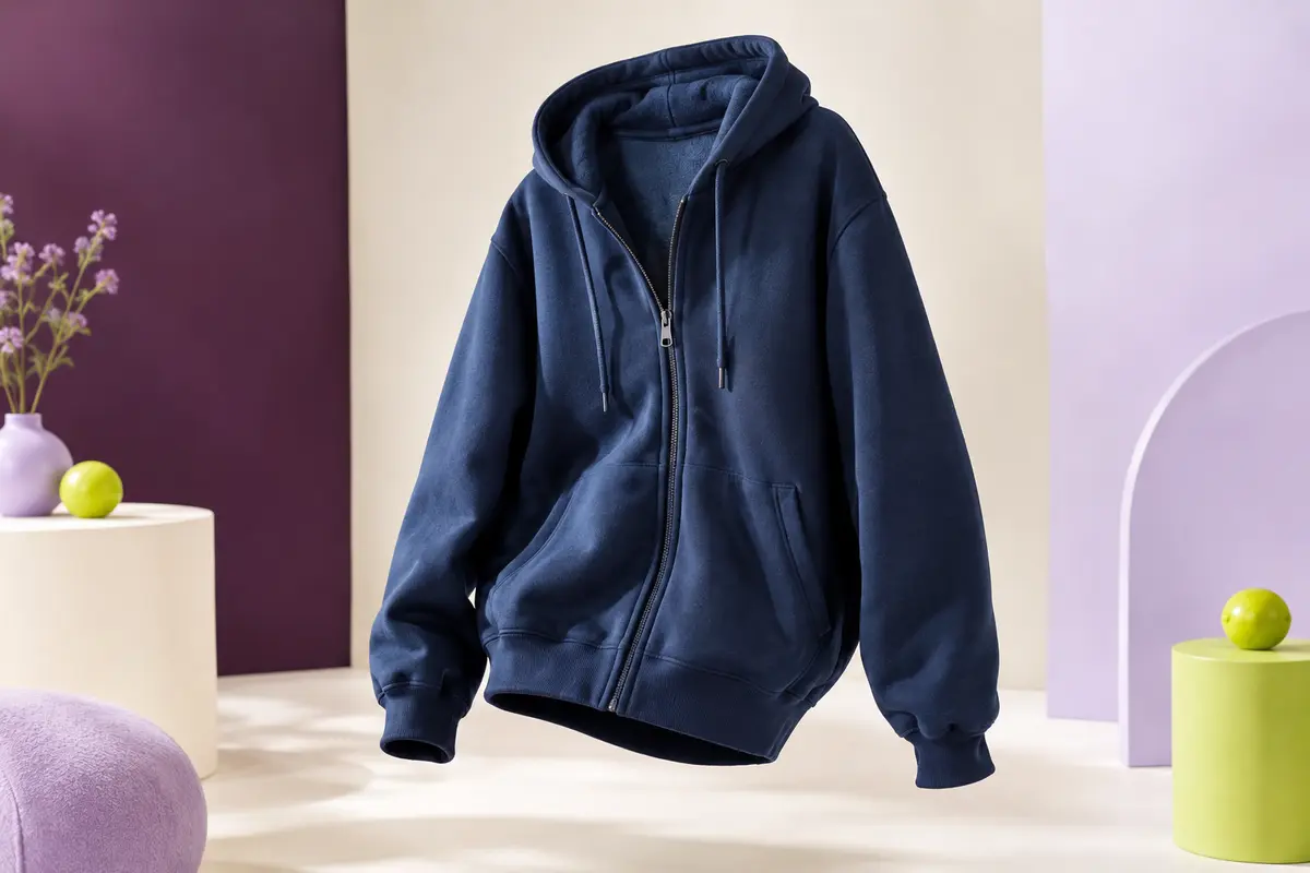 Sweat à capuche zippé bleu foncé avec doublure polaire, poignets côtelés et deux poches latérales