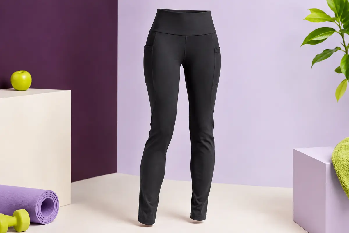 Legging de sport long noir mat à taille haute et poches, posé sur un fond de studio prune et ivoire