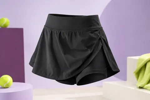 Jupe-short de tennis noire en nylon avec fente latérale et short intégré, présentée sur fond prune et lilas.