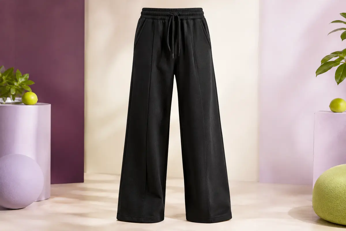 Pantalon de jogging noir à jambes larges, taille haute réglable et poches latérales sur fond de studio clair.