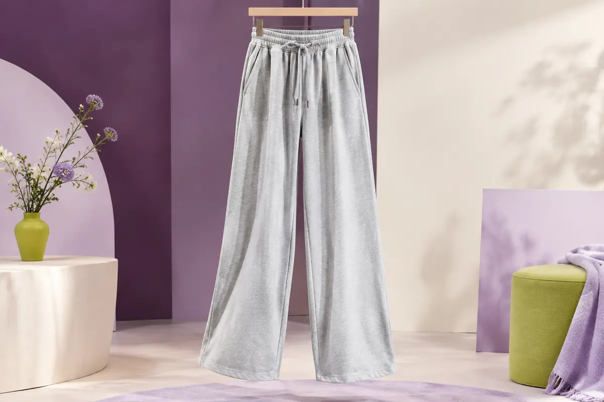 Pantalon de jogging femme gris clair à jambes larges, taille haute, cordon de serrage et poches latérales