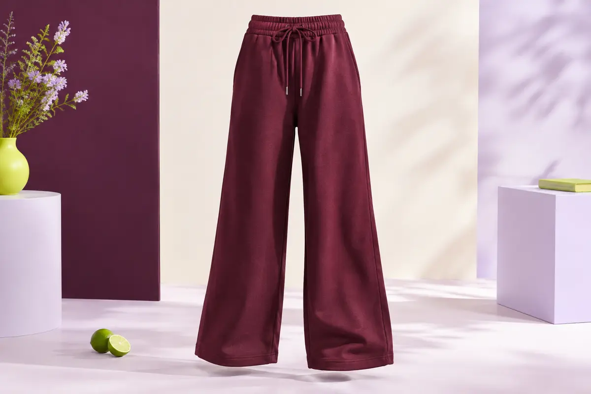 Pantalon de jogging bordeaux à jambe large, taille élastique et cordon de serrage, posé en studio lumineux.