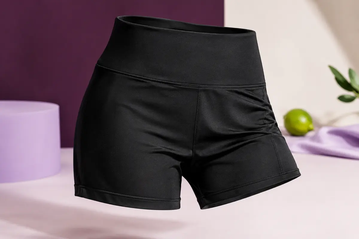 Shorty de sport noir à taille haute, posé seul dans un décor de studio lumineux aux tons prune et lilas.