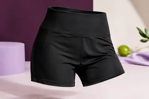 Shorty de sport noir à taille haute, posé seul dans un décor de studio lumineux aux tons prune et lilas.