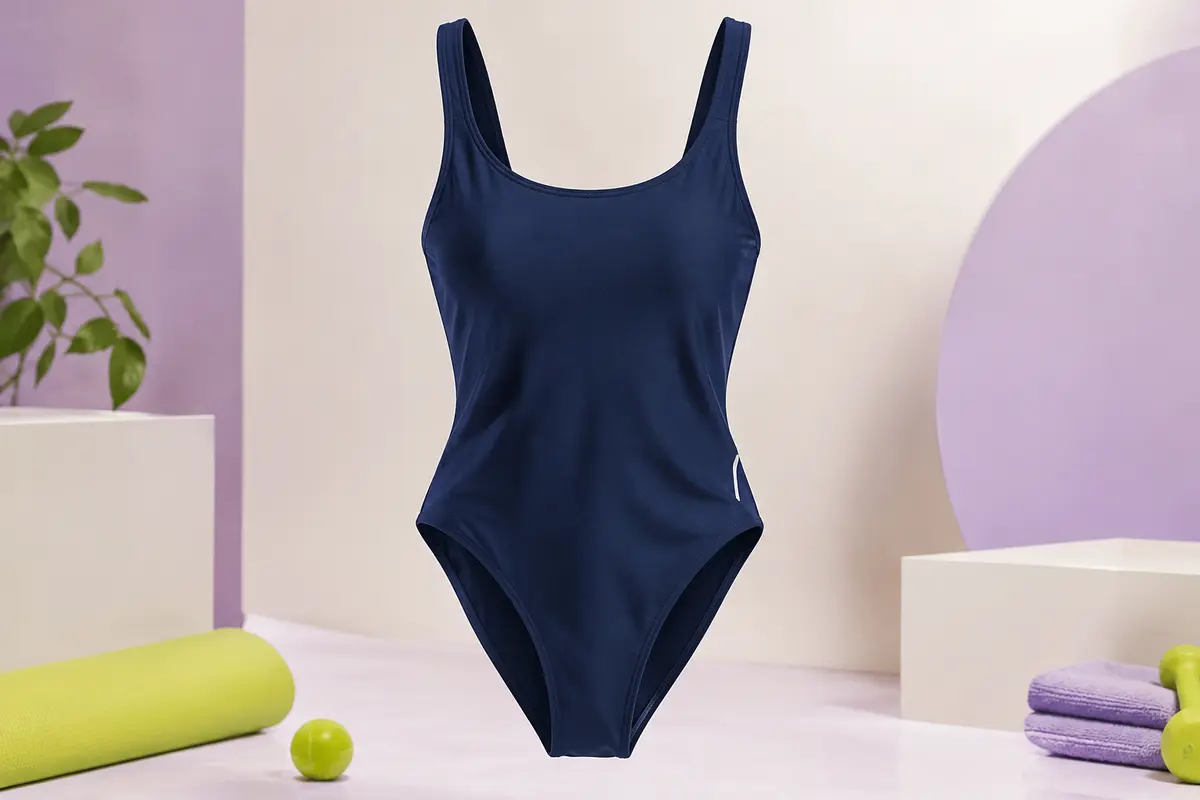 Maillot de bain une pièce Speedo bleu marine à coupe Medalist, présenté seul dans un studio clair.