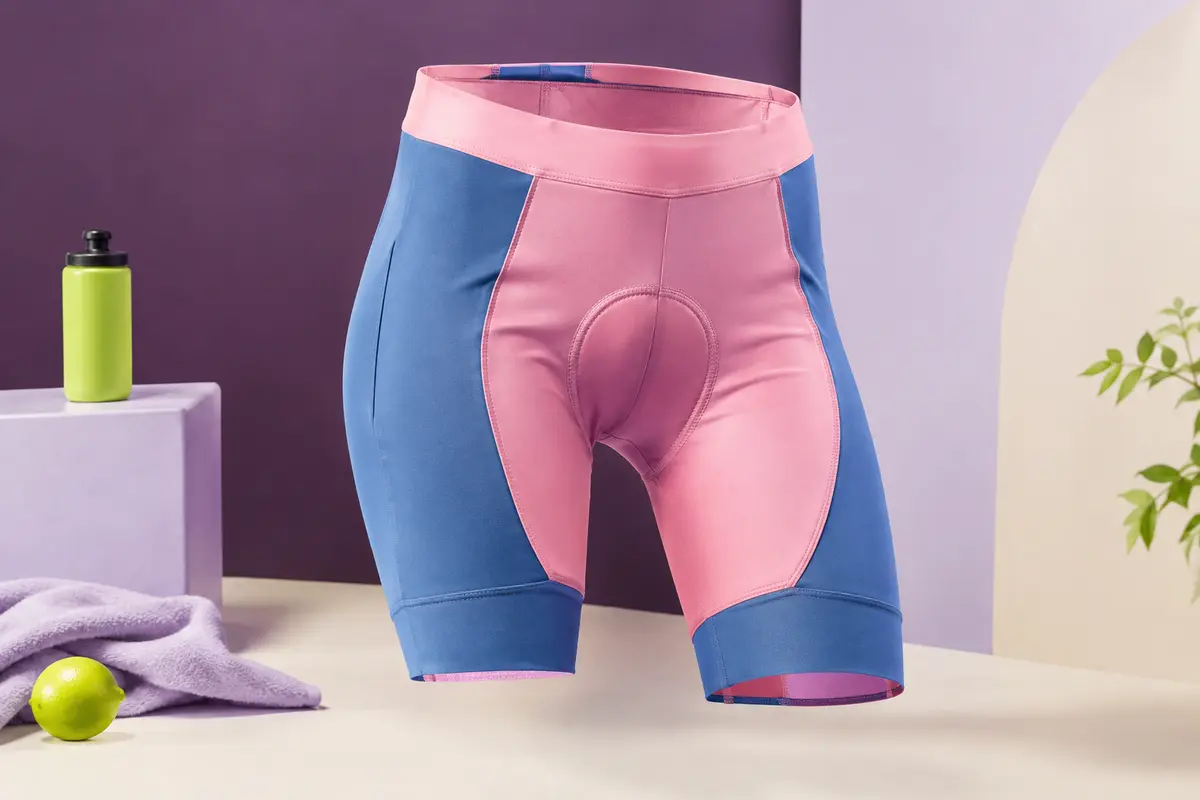 Cuissard de cyclisme rose et bleu avec rembourrage intégré, posé sur un fond de studio clair