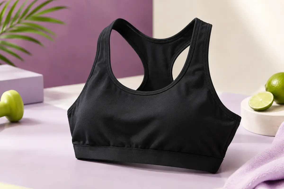 Brassière de sport noire à dos nageur et larges bretelles, posée seule dans un studio clair aux tons prune et lilas.
