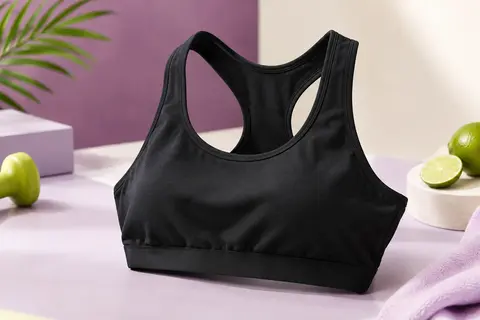 Brassière de sport noire à dos nageur et larges bretelles, posée seule dans un studio clair aux tons prune et lilas.