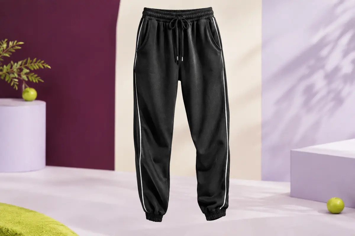 Pantalon de jogging noir en coton avec poches latérales, cordon de taille et bas élastiqués, présenté en studio