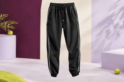 Pantalon de jogging noir en coton avec poches latérales, cordon de taille et bas élastiqués, présenté en studio