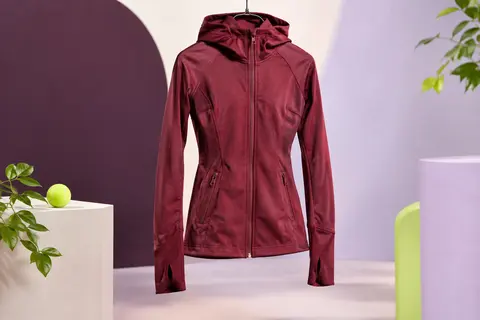 Veste de running Sykooria vin rouge à capuche, avec fermeture zippée, manches longues et poches latérales