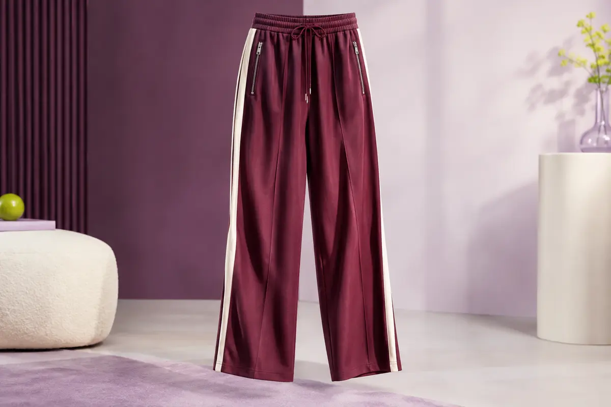 Pantalon de jogging bordeaux à jambe droite, bandes latérales contrastées et taille élastique à cordon.