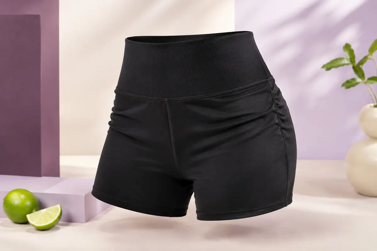 Short de sport noir à taille haute nervurée, coupe ajustée et fronces discrètes à l’arrière, posé en studio.