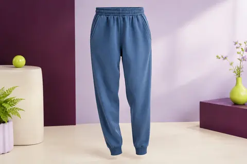 Pantalon de jogging femme fuselé Bleu Denim avec taille haute élastique et deux poches latérales
