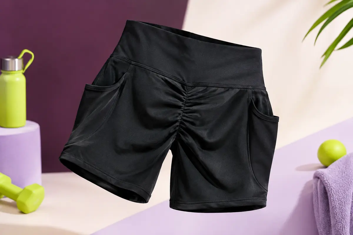 Short de sport noir à taille haute avec poches latérales et couture froncée, présenté en studio lumineux.