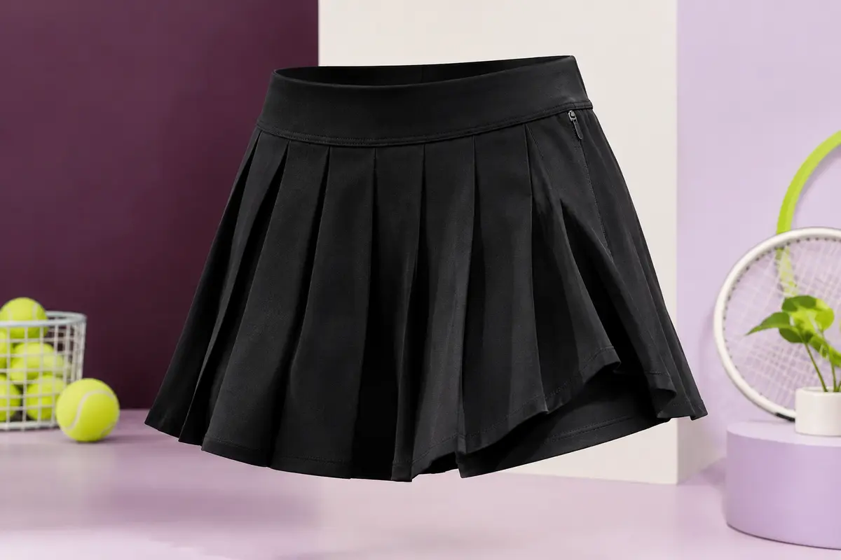 Jupe de tennis noire plissée avec short intérieur intégré et poche arrière zippée